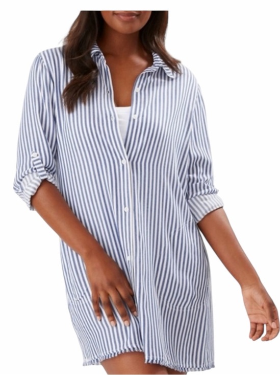 Tommy Bahama‎ Chambray Stripe Boyfriend Cover-Up Shirt Blue White size small NEW